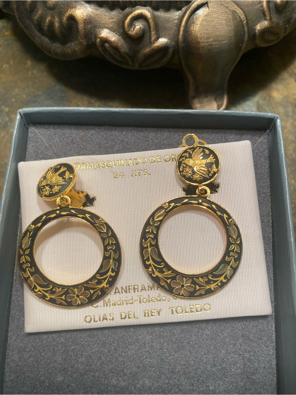 Gold Floral Enamel Hoop Drop Earrings by
Damasquinado  Clip ons 24 Kts